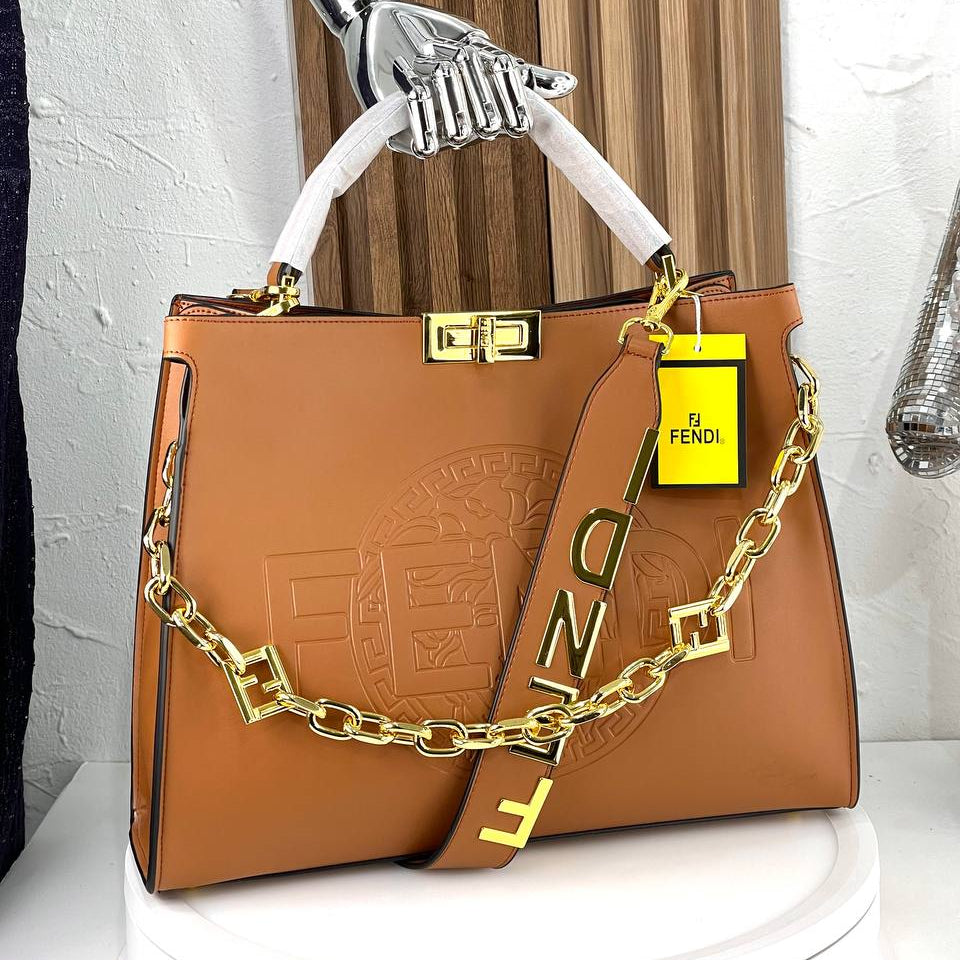 Fendi Signature Logo Strap Handbag in Brown and Beige