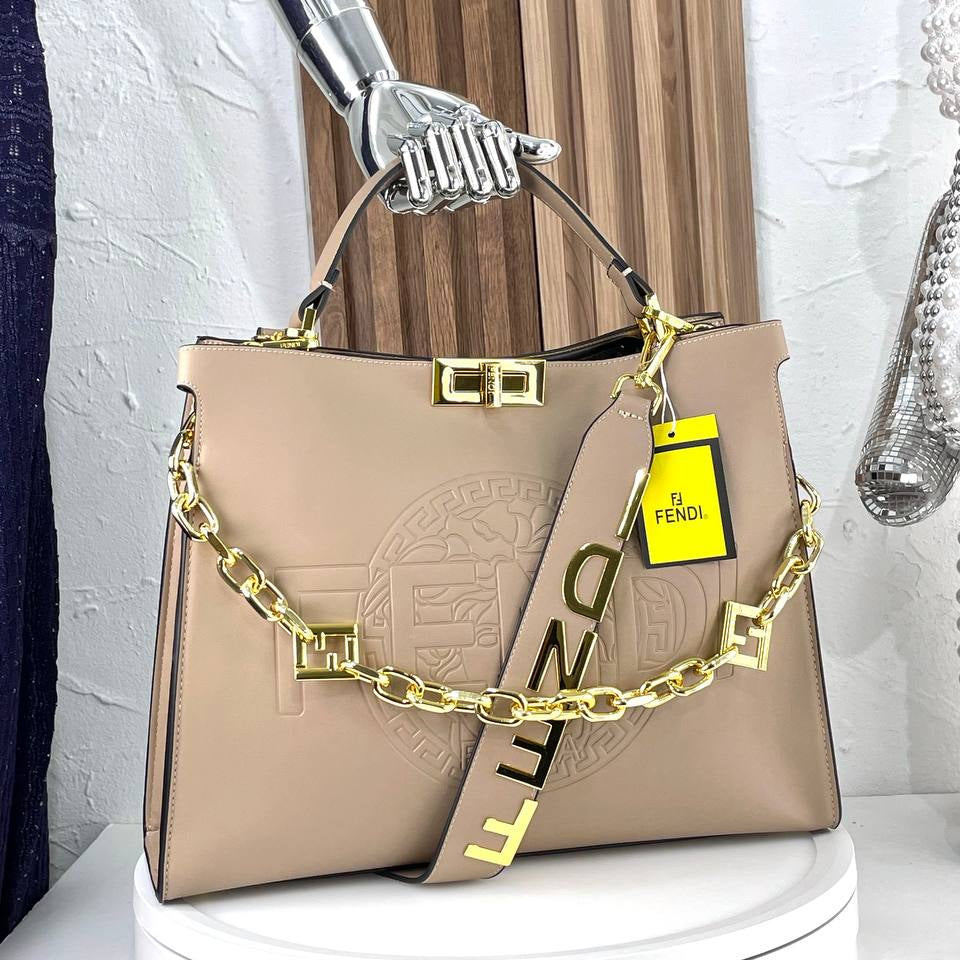 Fendi Signature Logo Strap Handbag in Brown and Beige