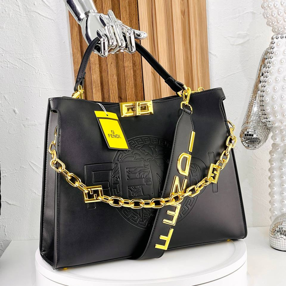 Fendi Signature Logo Strap Handbag in Brown and Beige