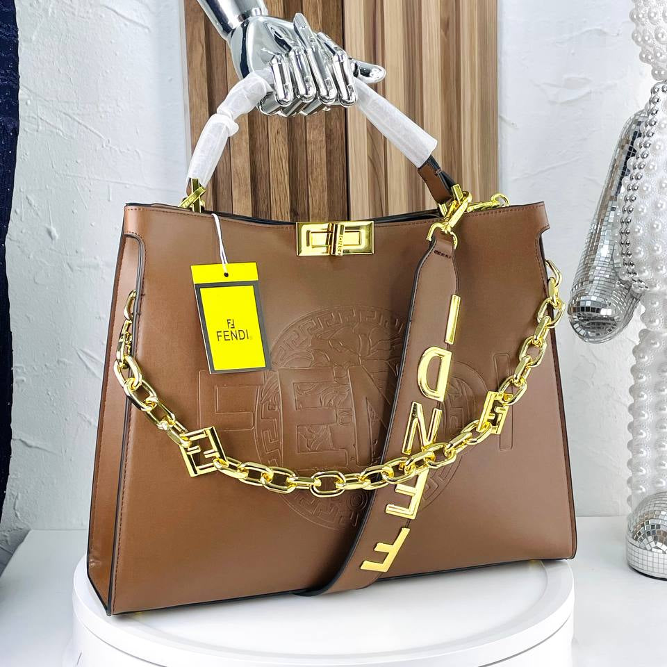 Fendi Signature Logo Strap Handbag in Brown and Beige