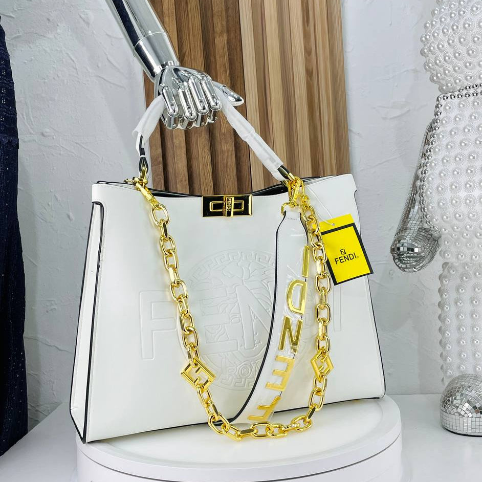 Fendi Signature Logo Strap Handbag in Brown and Beige