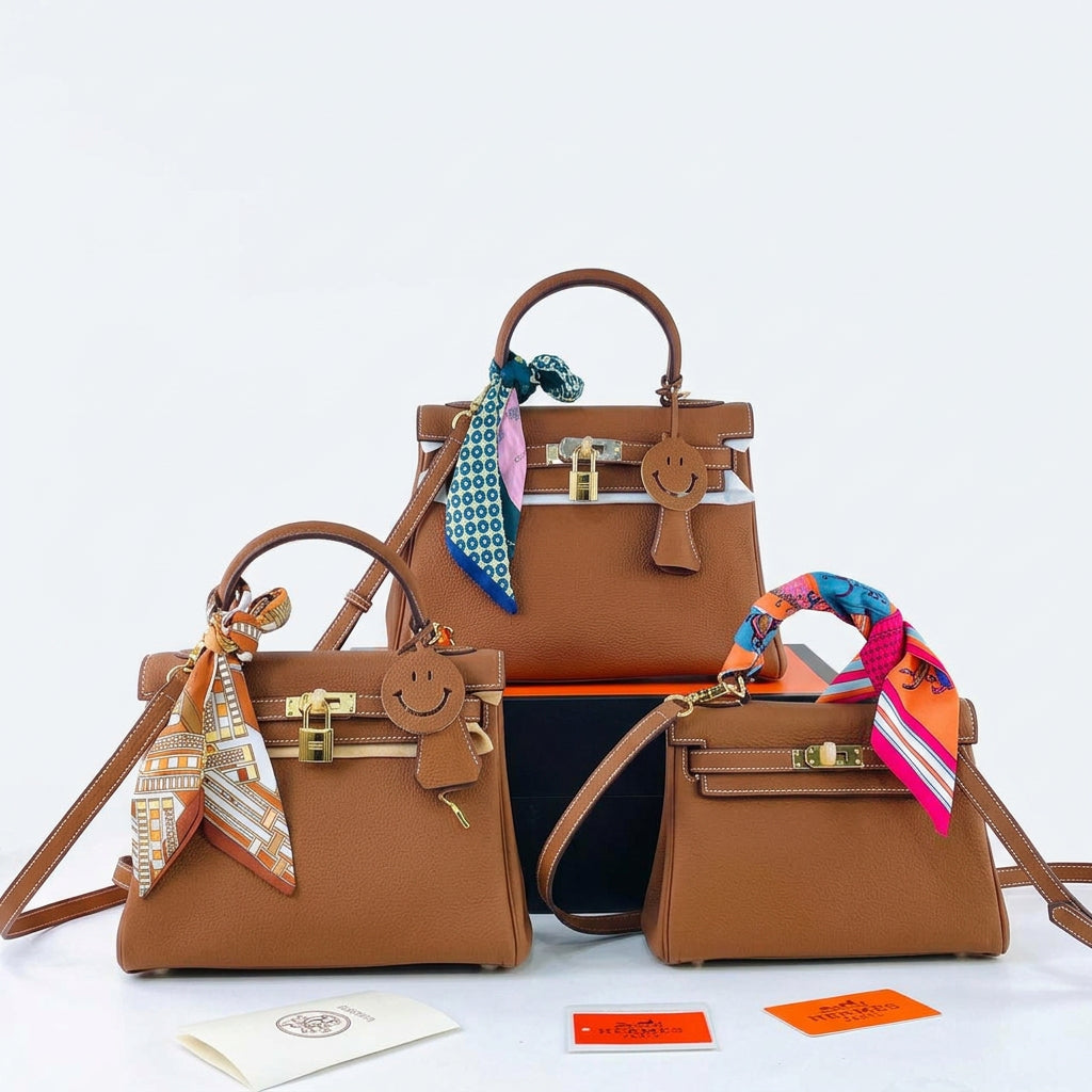 Genuine Leather Structured Handbag with Scarf and Smiley Charm