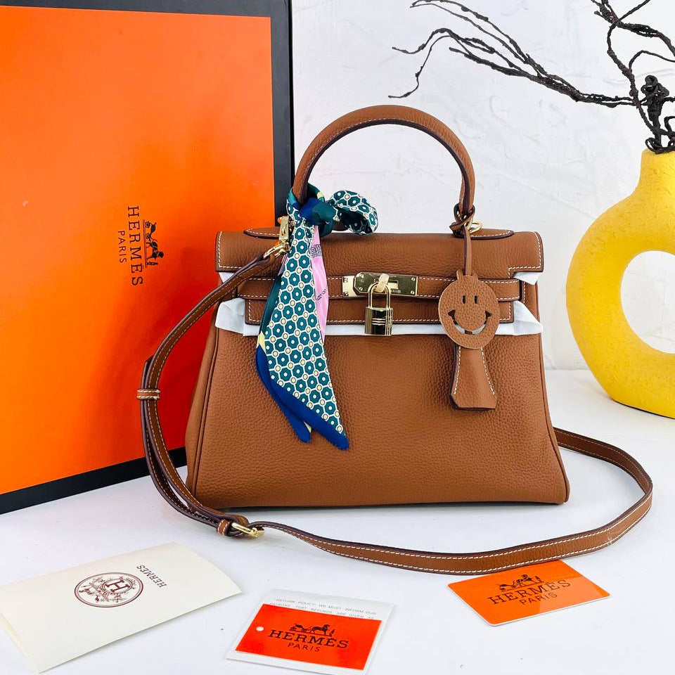 Genuine Leather Structured Handbag with Scarf and Smiley Charm