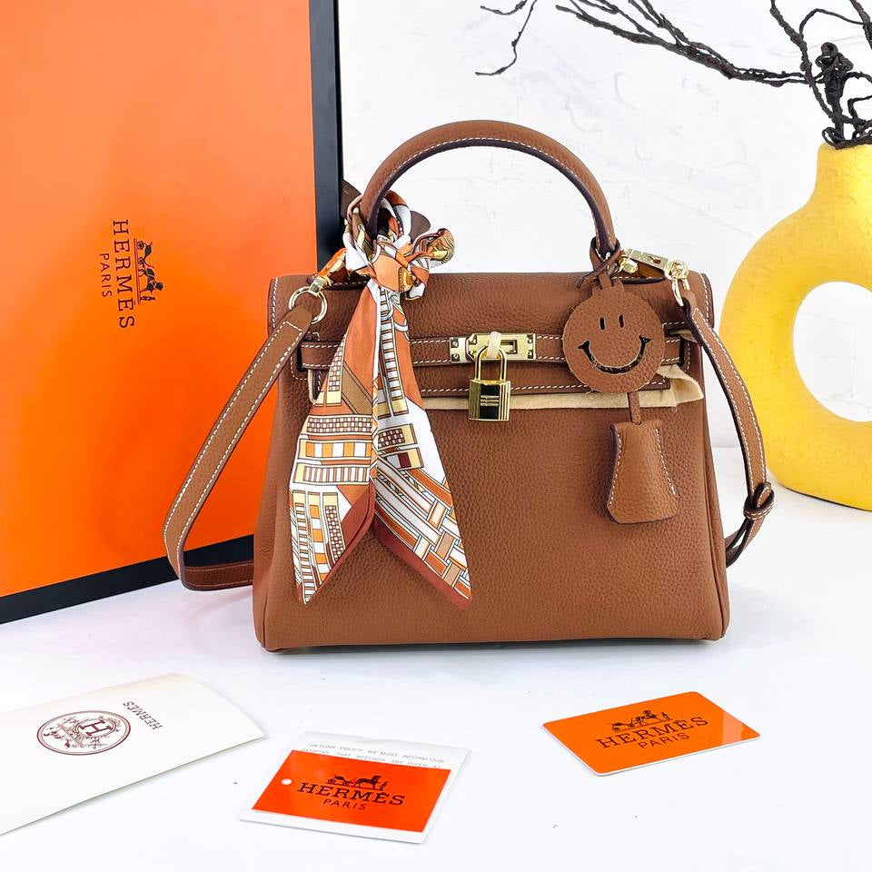 Genuine Leather Structured Handbag with Scarf and Smiley Charm