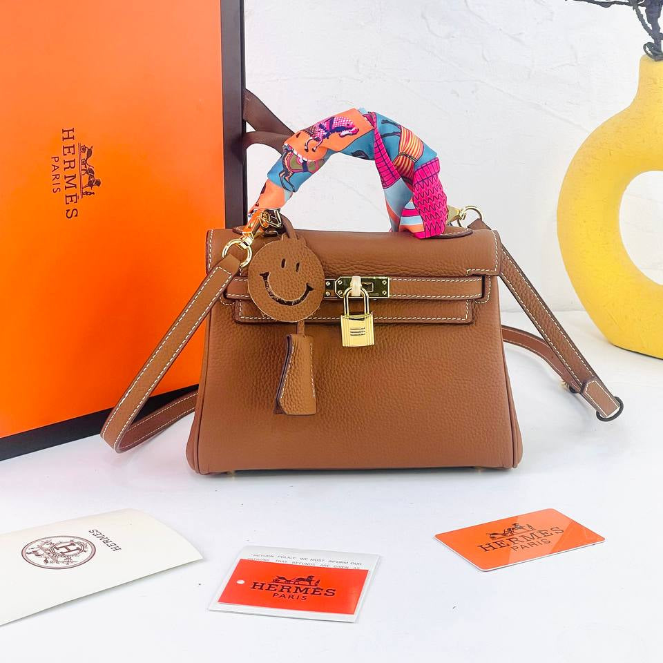 Genuine Leather Structured Handbag with Scarf and Smiley Charm