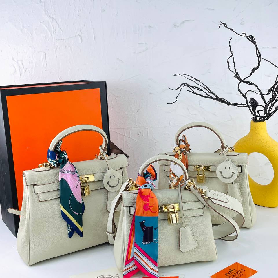 Genuine Leather Structured Handbag with Scarf and Smiley Charm