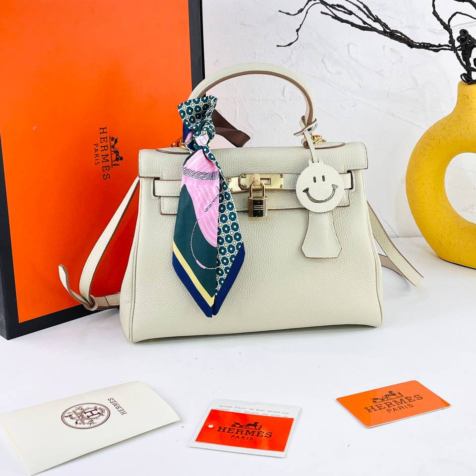 Genuine Leather Structured Handbag with Scarf and Smiley Charm