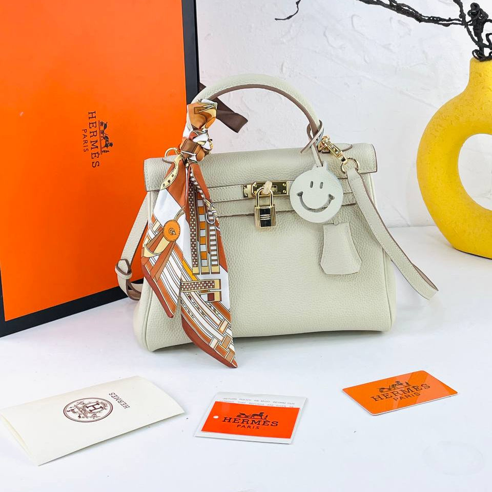Genuine Leather Structured Handbag with Scarf and Smiley Charm