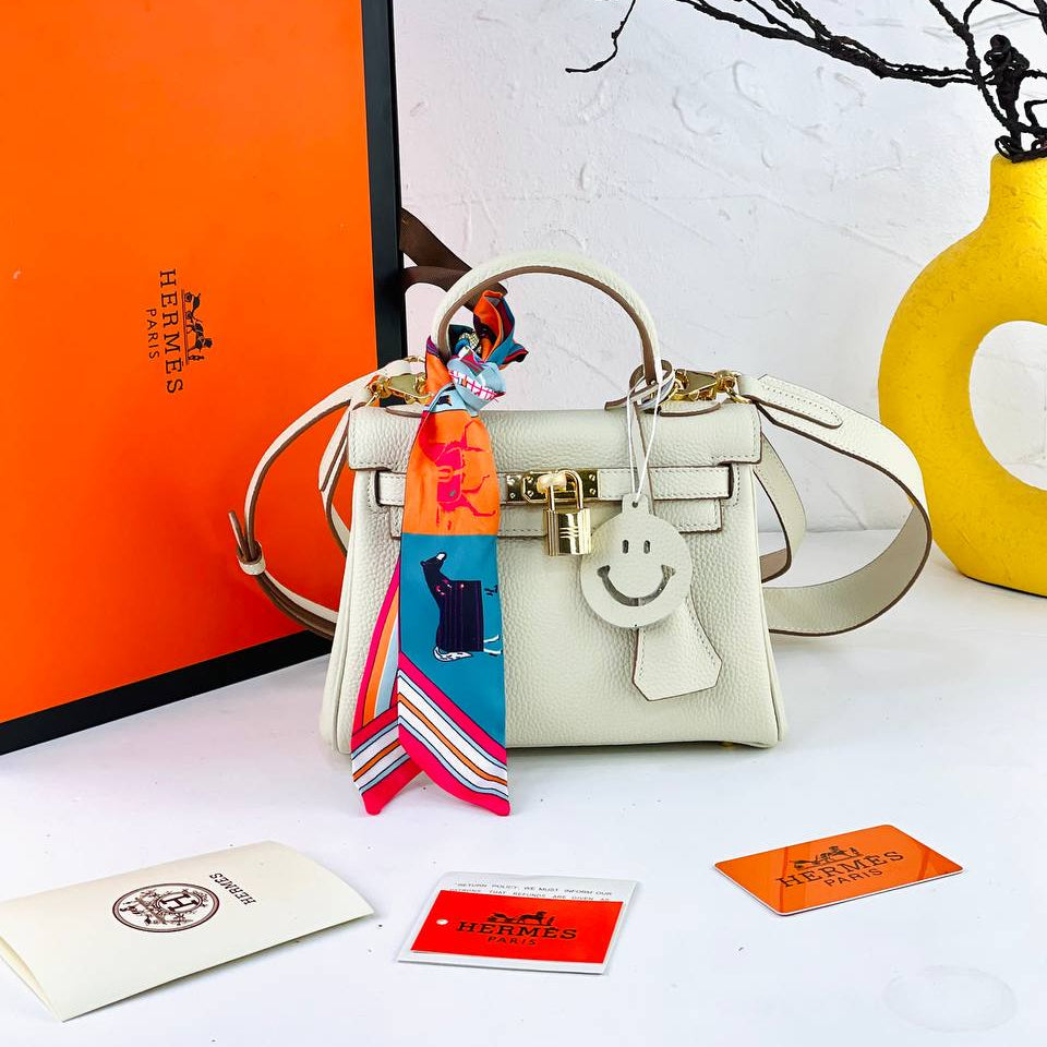 Genuine Leather Structured Handbag with Scarf and Smiley Charm