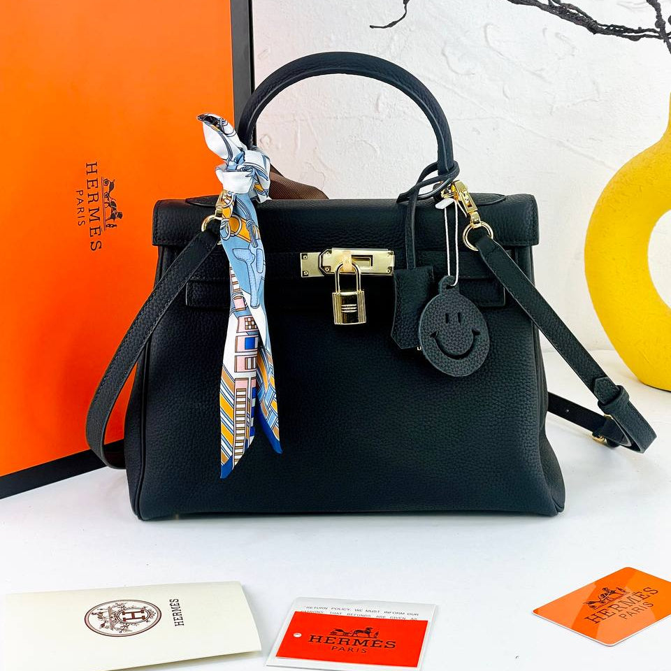 Genuine Leather Structured Handbag with Scarf and Smiley Charm