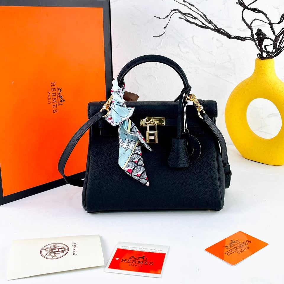 Genuine Leather Structured Handbag with Scarf and Smiley Charm