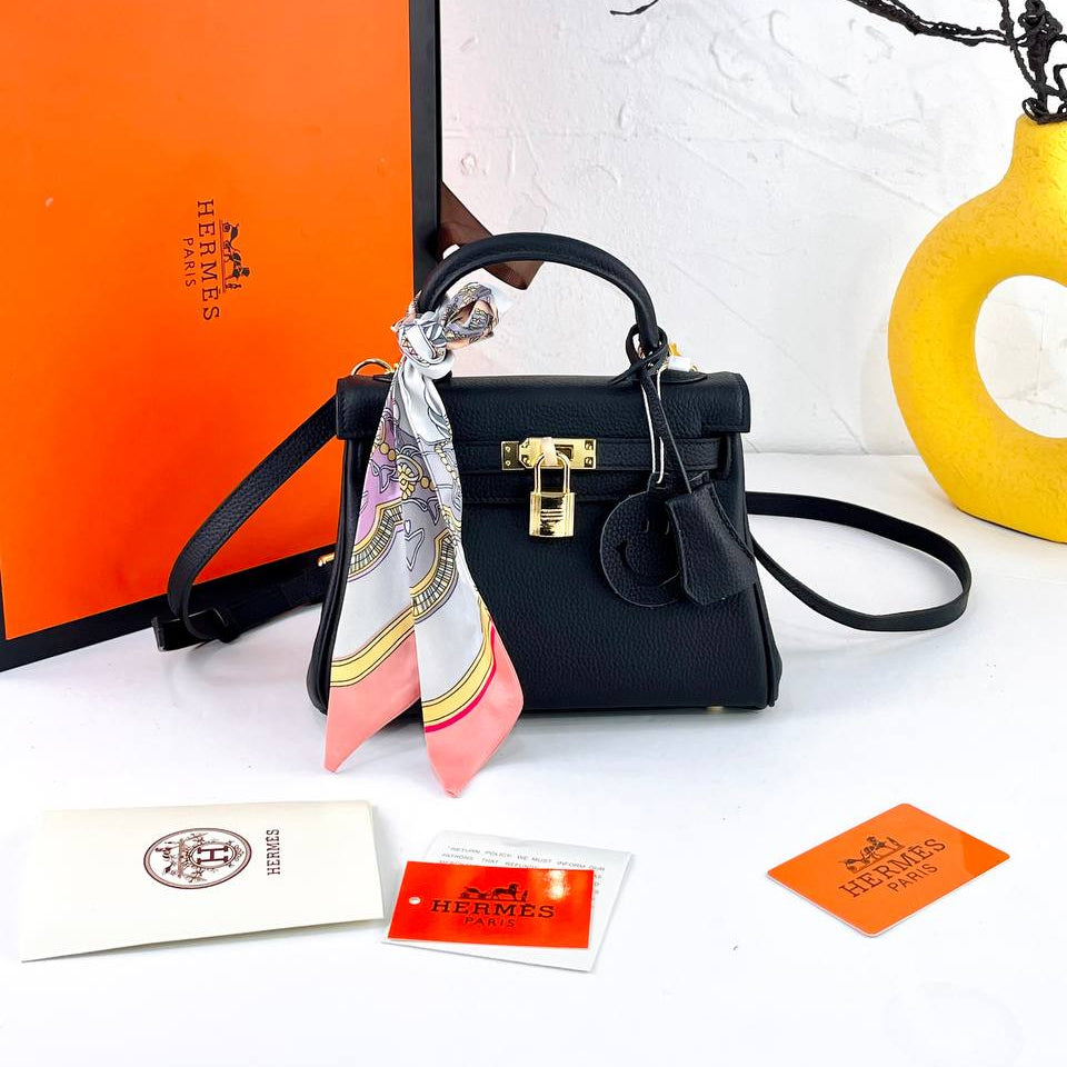 Genuine Leather Structured Handbag with Scarf and Smiley Charm