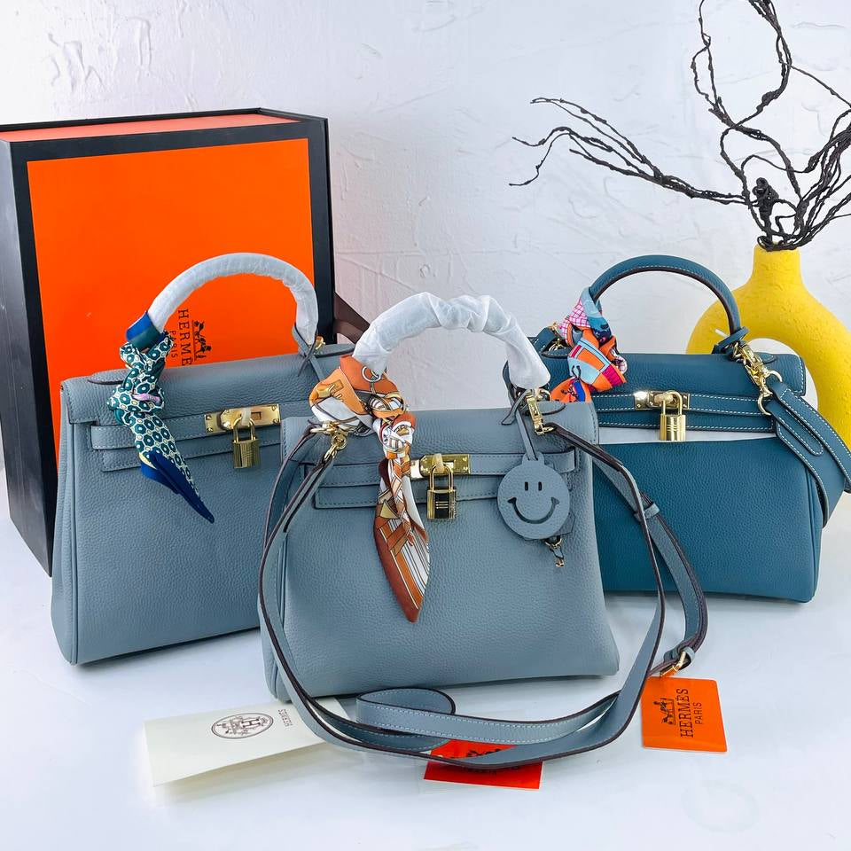 Genuine Leather Structured Handbag with Scarf and Smiley Charm