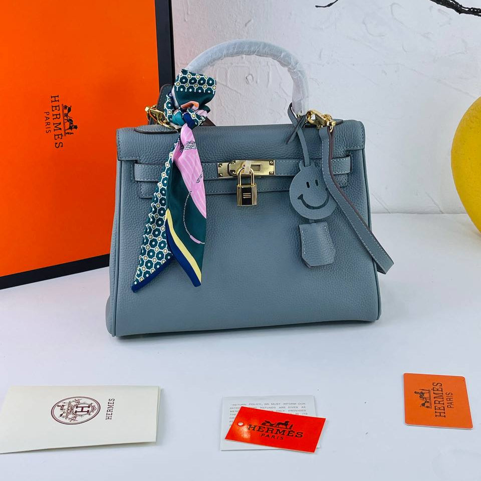 Genuine Leather Structured Handbag with Scarf and Smiley Charm