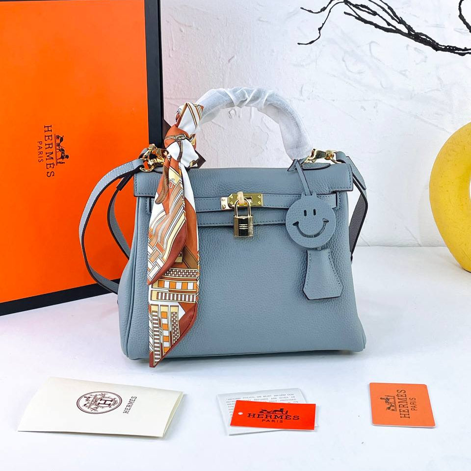 Genuine Leather Structured Handbag with Scarf and Smiley Charm