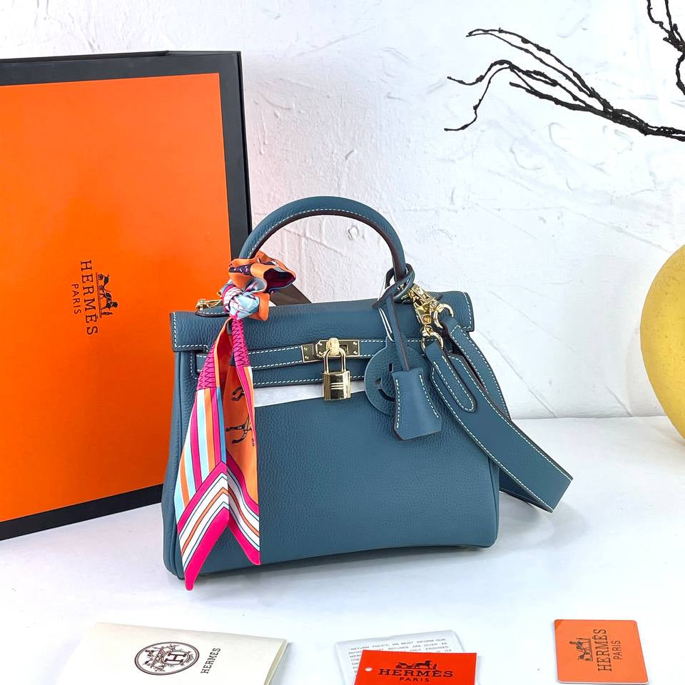 Genuine Leather Structured Handbag with Scarf and Smiley Charm