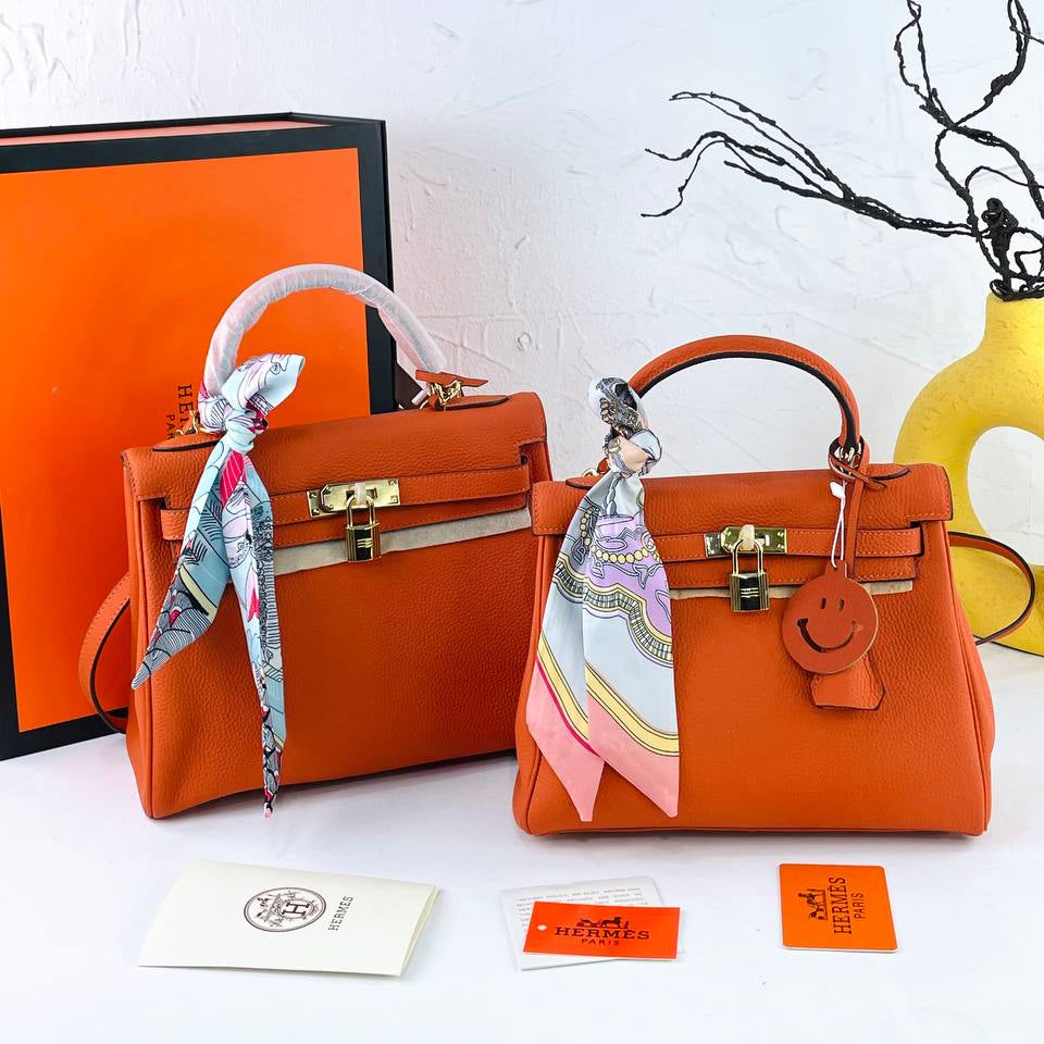 Genuine Leather Structured Handbag with Scarf and Smiley Charm