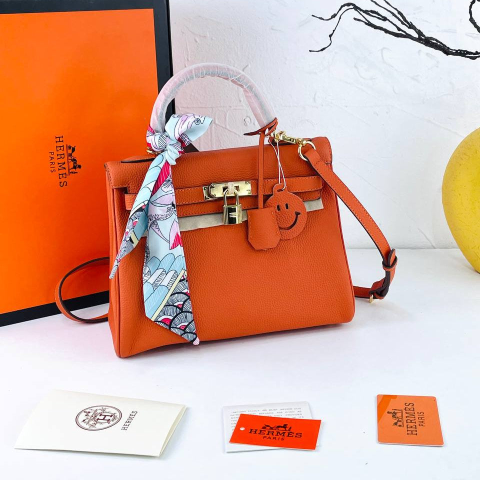 Genuine Leather Structured Handbag with Scarf and Smiley Charm