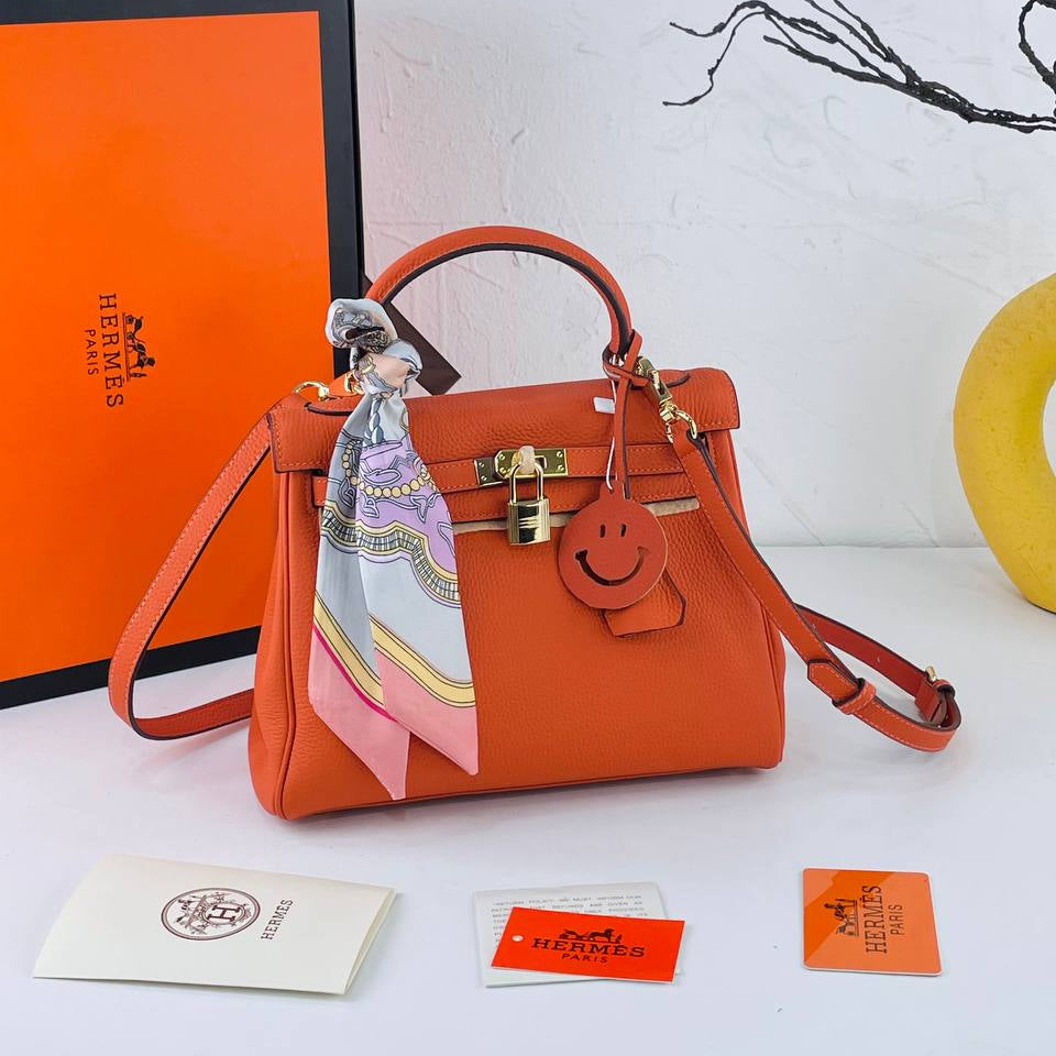 Genuine Leather Structured Handbag with Scarf and Smiley Charm