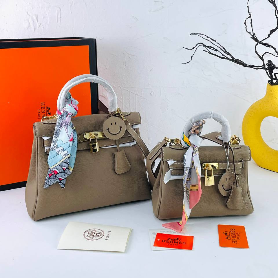 Genuine Leather Structured Handbag with Scarf and Smiley Charm