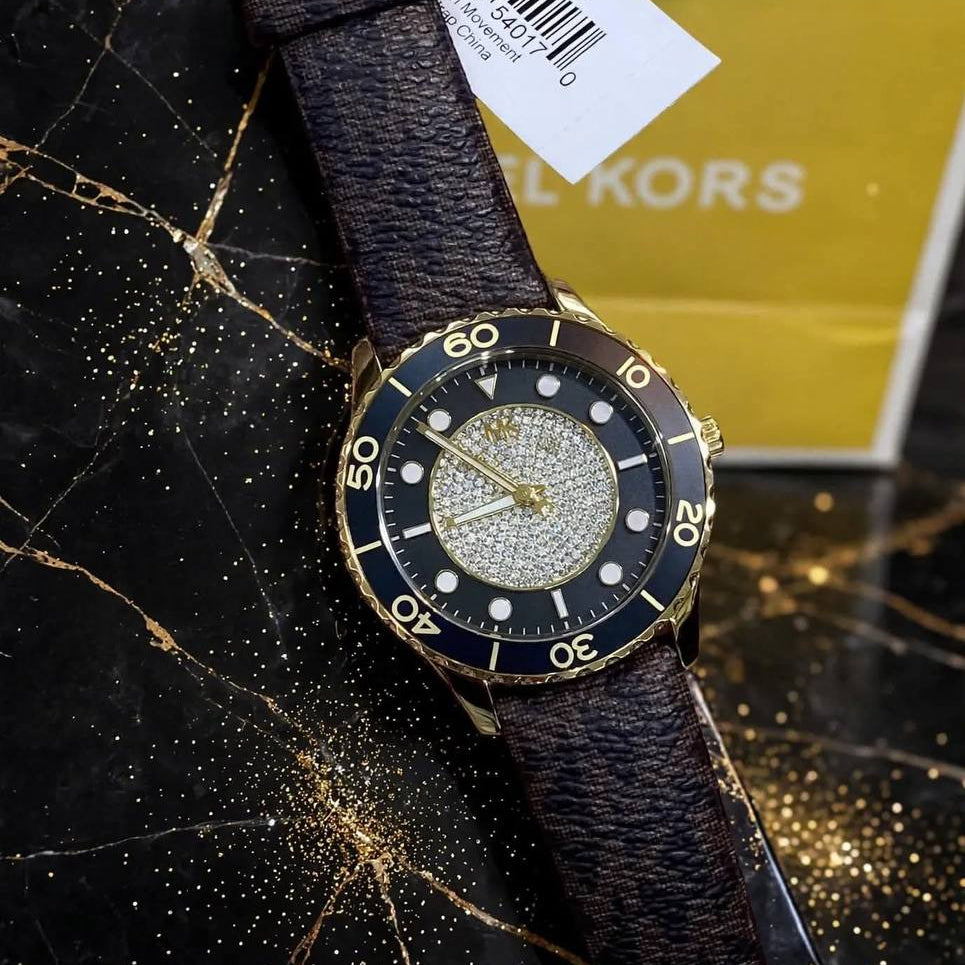 Michael Kors Logo Print Strap Watch with Crystal Embellished Dial