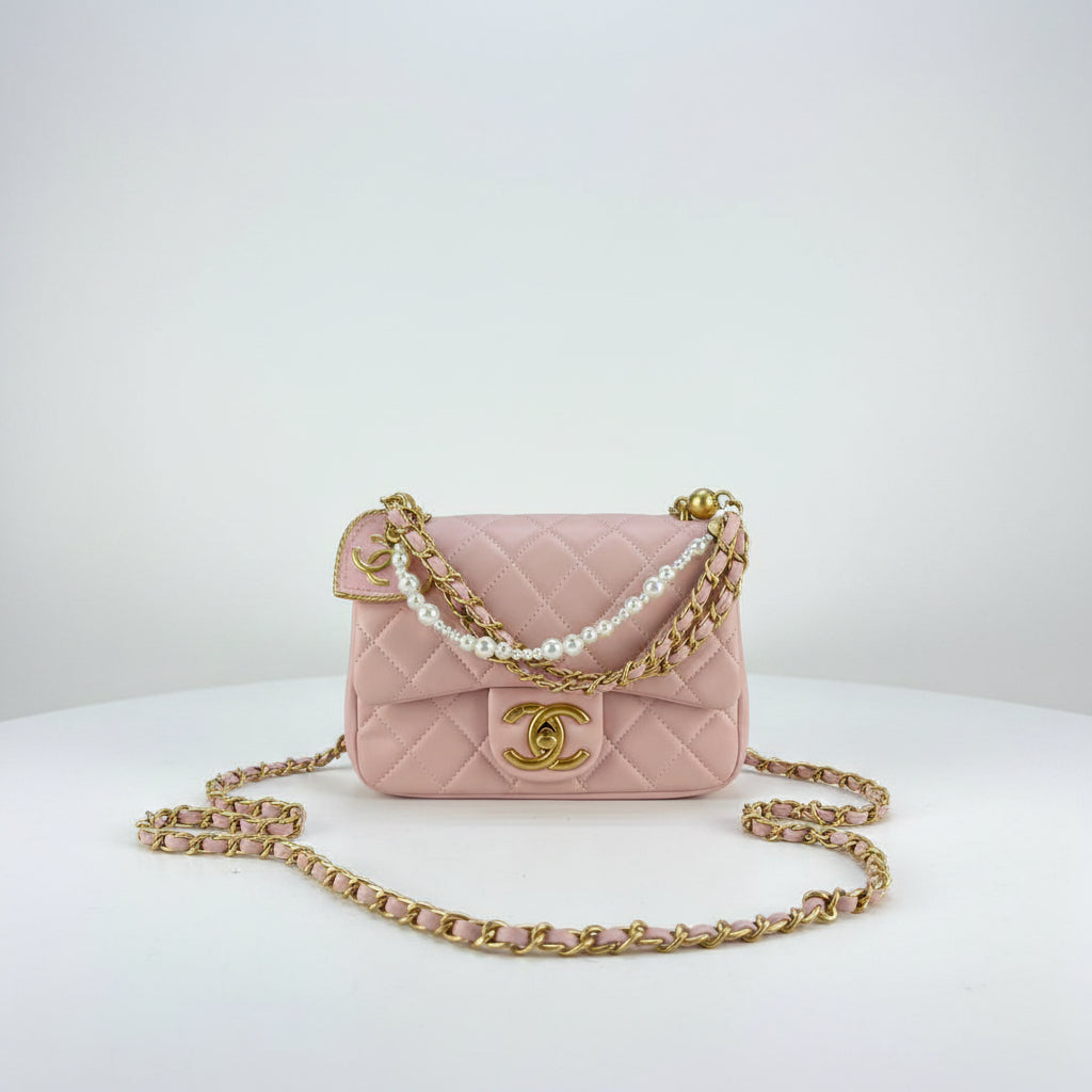Chanel Quilted Pink Bag with Pearl and Gold Chain Detail 🌸✨👜