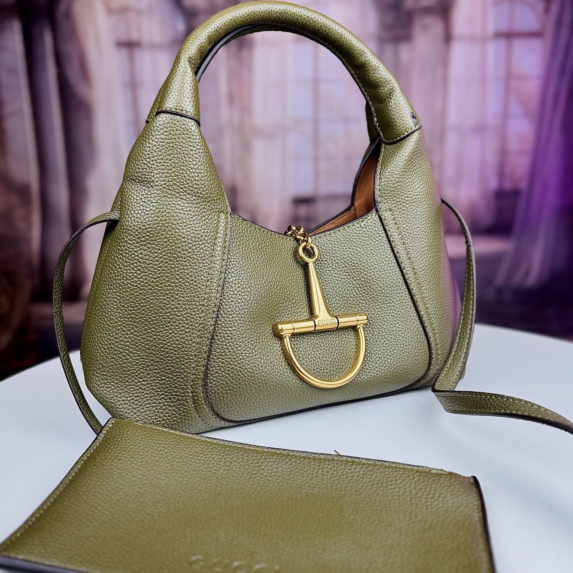 Horsebit Inspired Structured Handbag with Matching Pouch