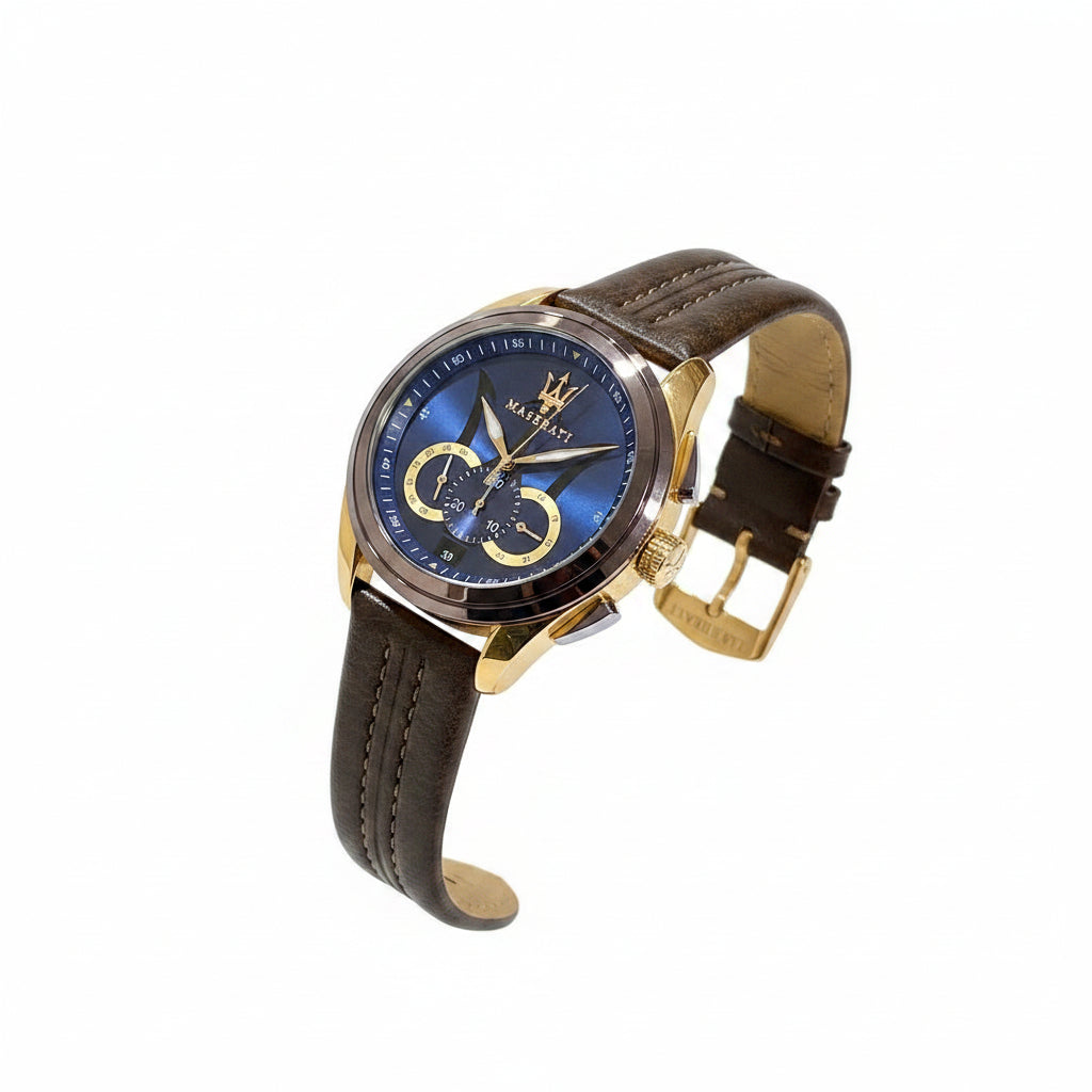 Maserati Traguardo Automatic Watch with Blue Dial and Leather Strap