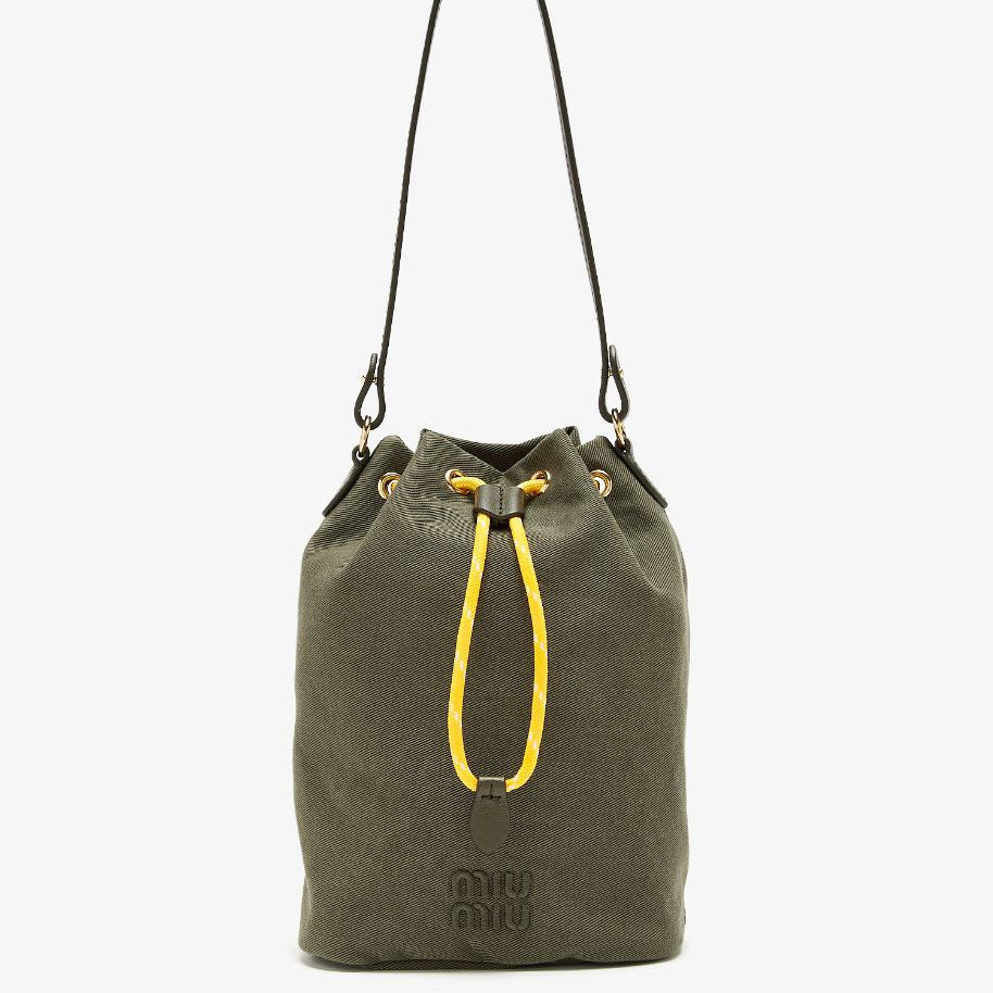 Miu Miu Canvas Drawstring Bucket Bag in Olive Green