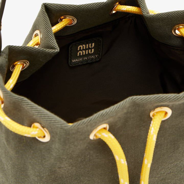 Miu Miu Canvas Drawstring Bucket Bag in Olive Green