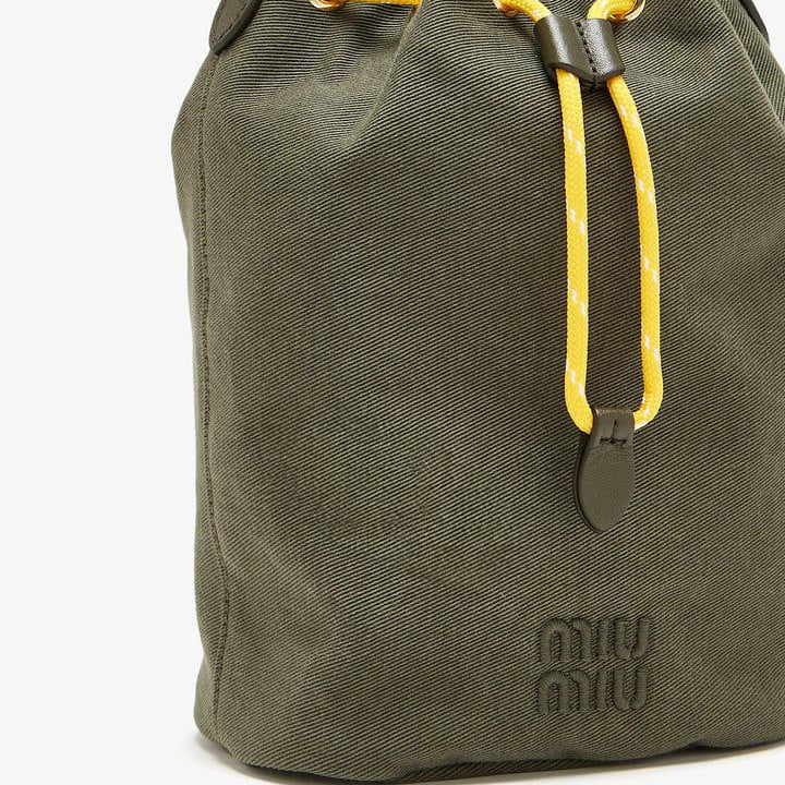 Miu Miu Canvas Drawstring Bucket Bag in Olive Green
