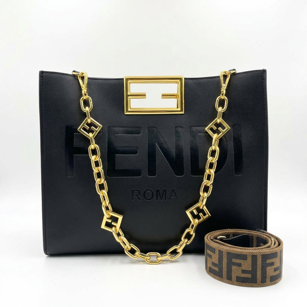 Fendi Roma Handbag with Gold-Tone Chain and Branded Shoulder Strap