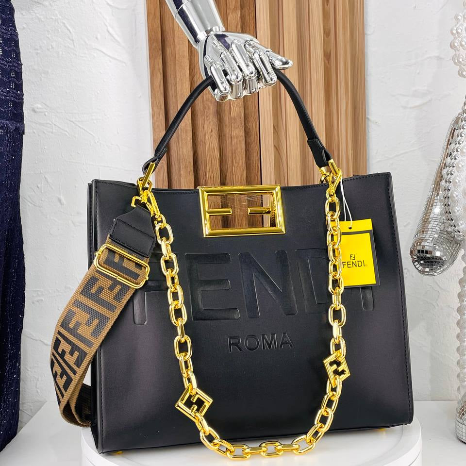Fendi Roma Handbag with Gold-Tone Chain and Branded Shoulder Strap