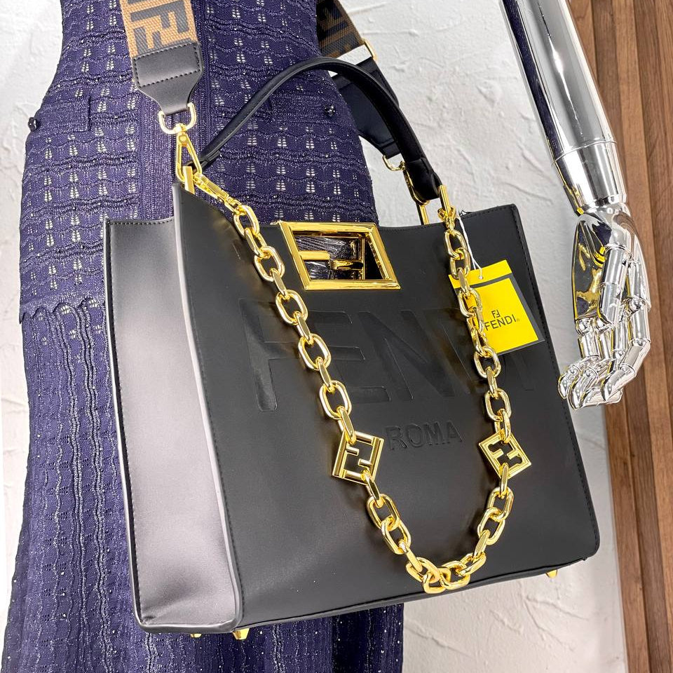 Fendi Roma Handbag with Gold-Tone Chain and Branded Shoulder Strap