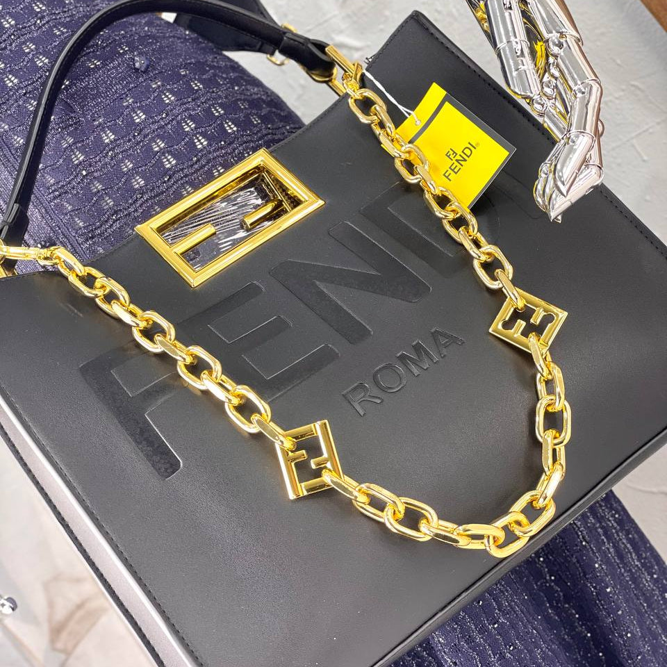 Fendi Roma Handbag with Gold-Tone Chain and Branded Shoulder Strap