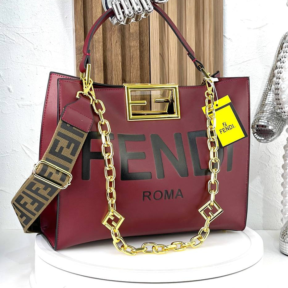 Fendi Roma Handbag with Gold-Tone Chain and Branded Shoulder Strap