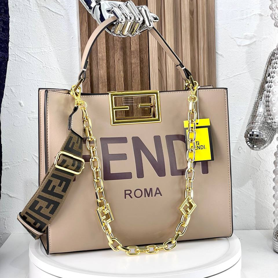 Fendi Roma Handbag with Gold-Tone Chain and Branded Shoulder Strap