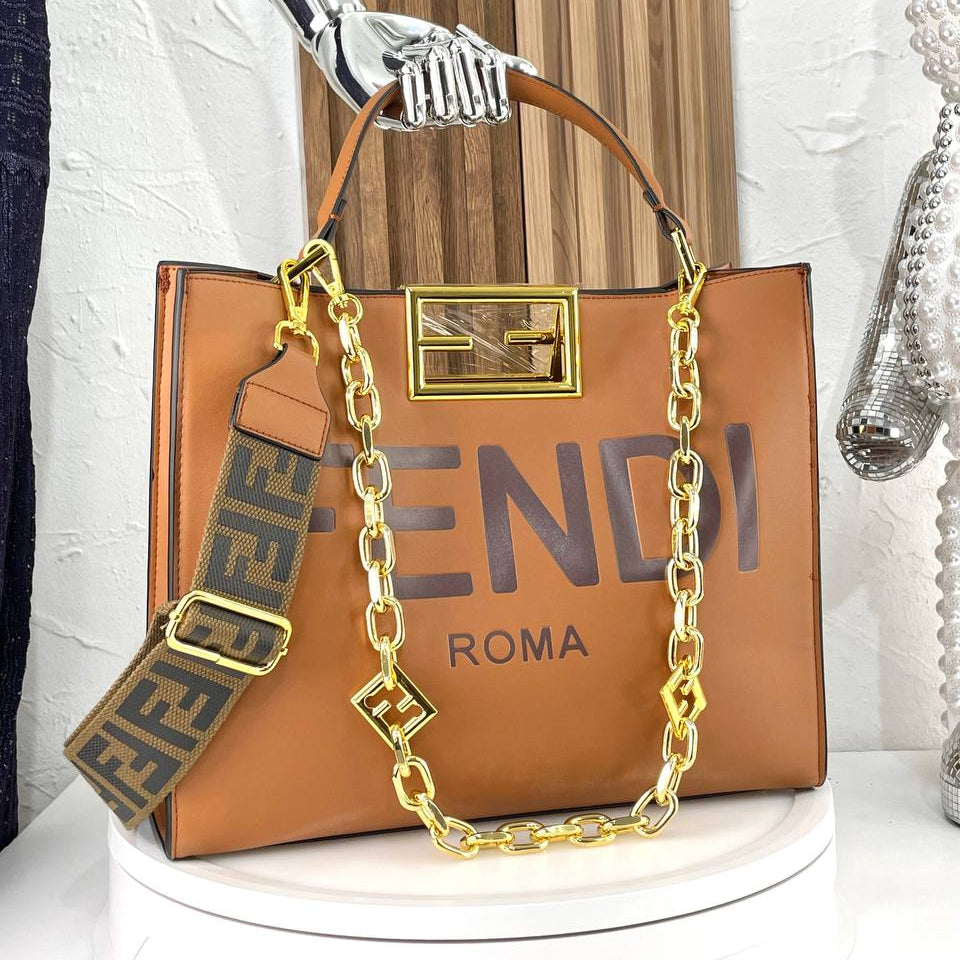 Fendi Roma Handbag with Gold-Tone Chain and Branded Shoulder Strap