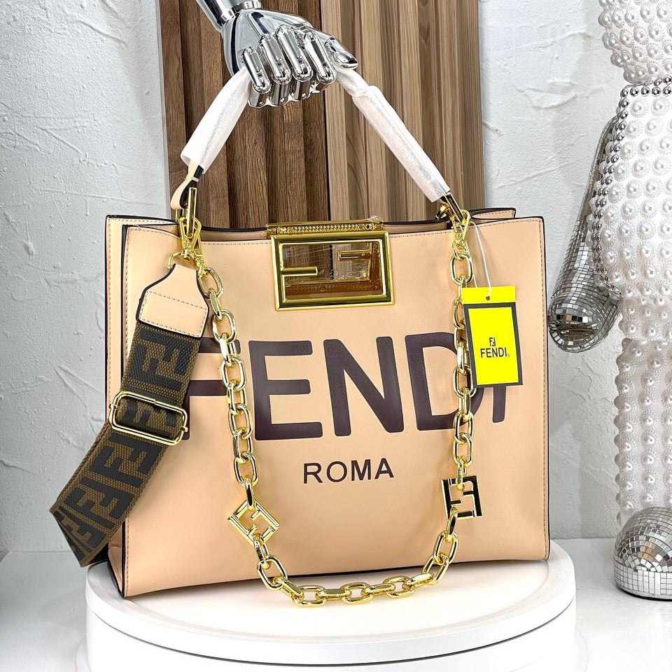 Fendi Roma Handbag with Gold-Tone Chain and Branded Shoulder Strap