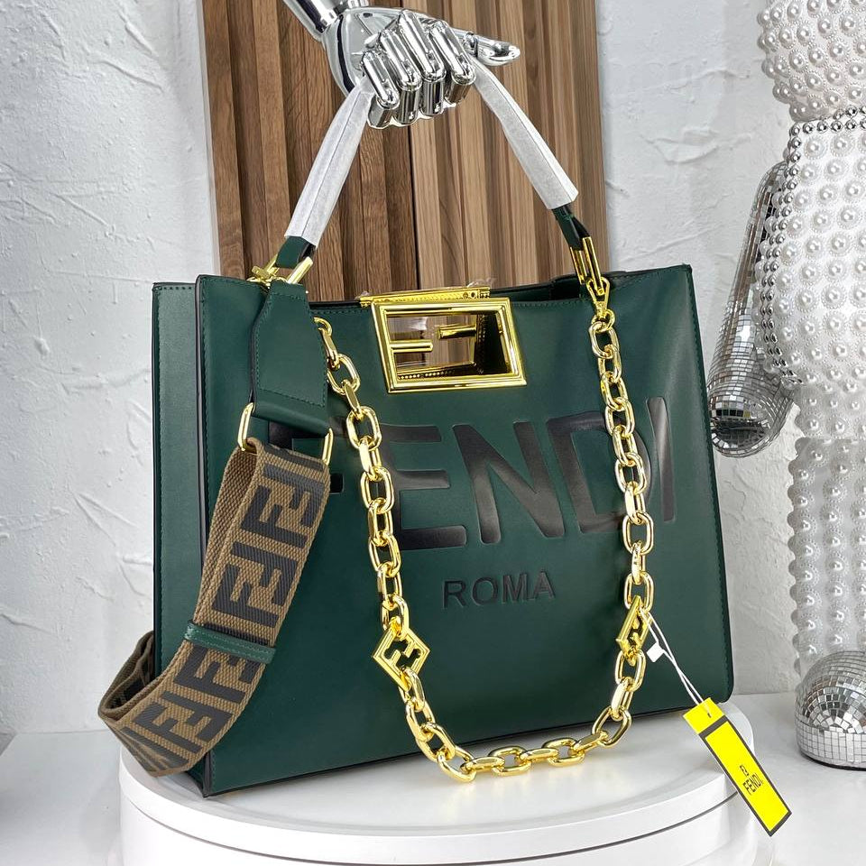 Fendi Roma Handbag with Gold-Tone Chain and Branded Shoulder Strap