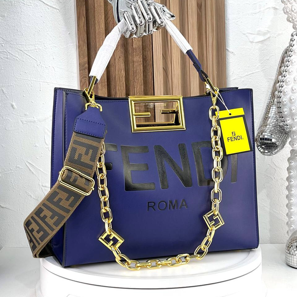 Fendi Roma Handbag with Gold-Tone Chain and Branded Shoulder Strap
