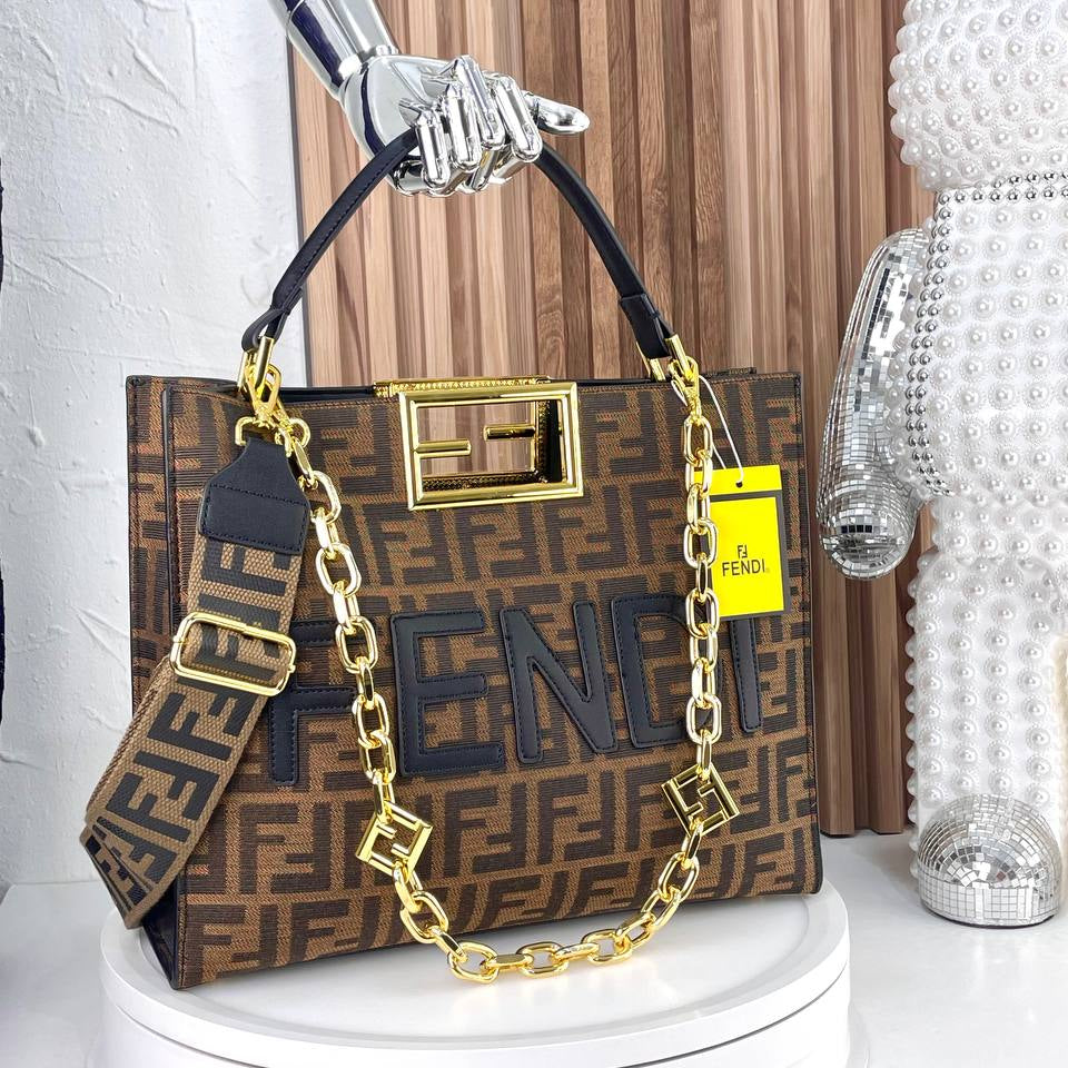 Fendi Roma Handbag with Gold-Tone Chain and Branded Shoulder Strap