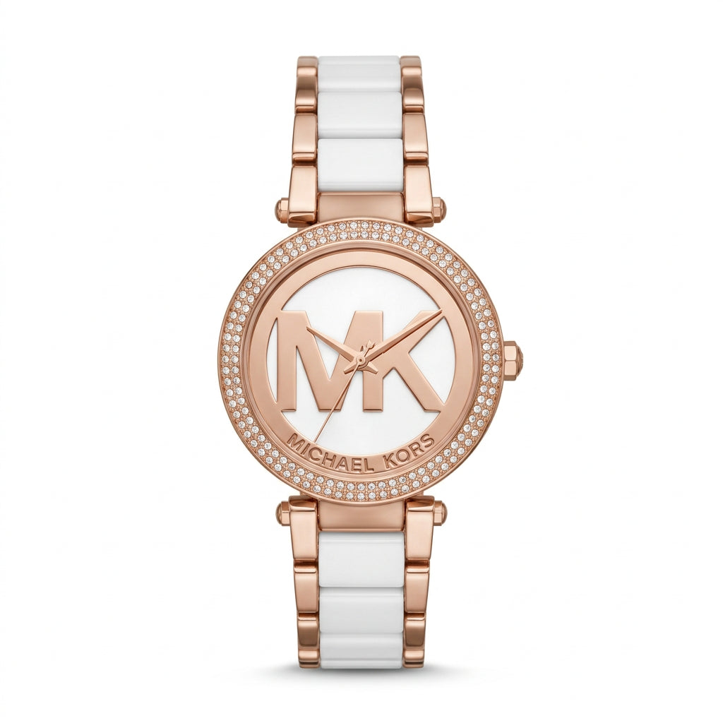 Michael Kors Gold-Tone and White Ceramic Crystal Bezel Watch