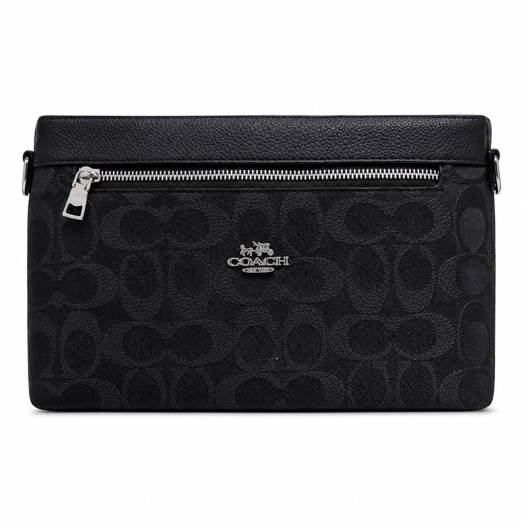 Coach Signature Canvas Black Clutch with Silver Hardware