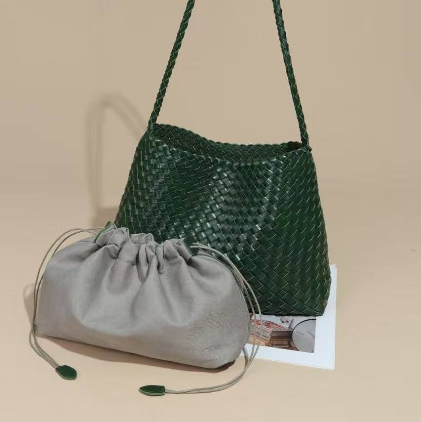 Bottega Style Woven Shoulder Bag with Drawstring Pouch