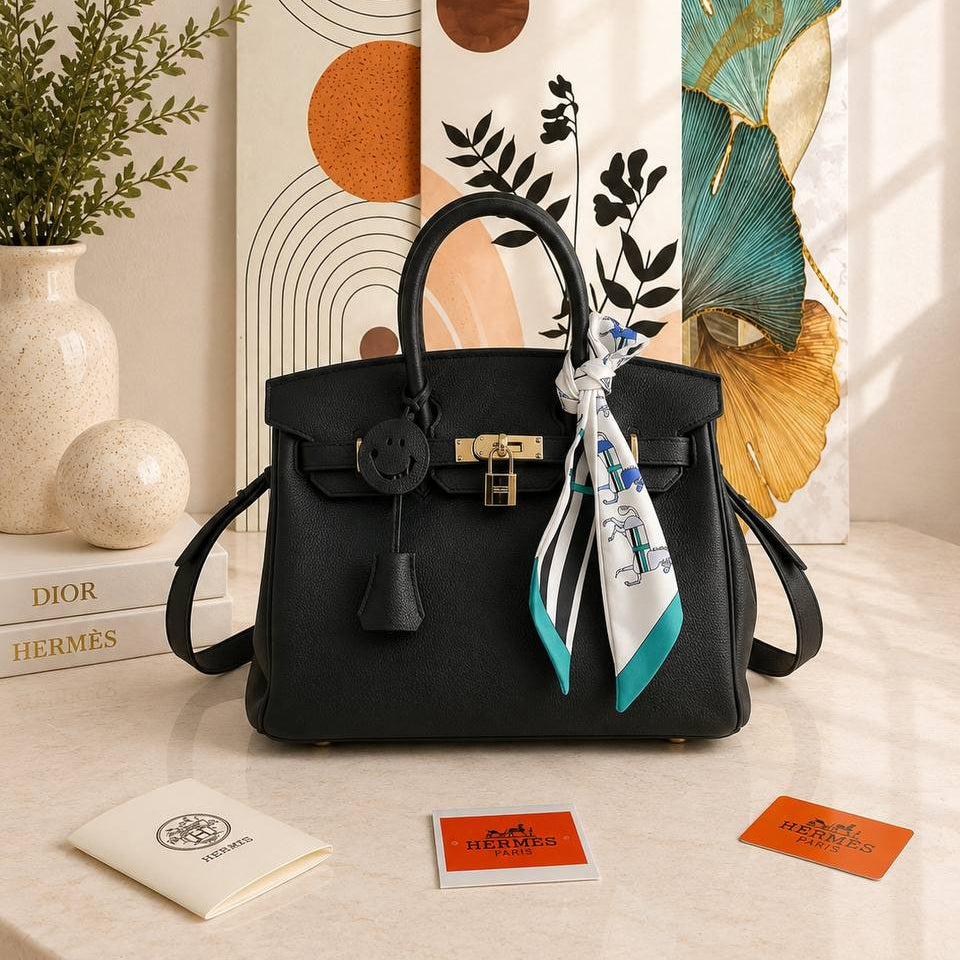 Classic Black Genuine Leather Handheld Tote