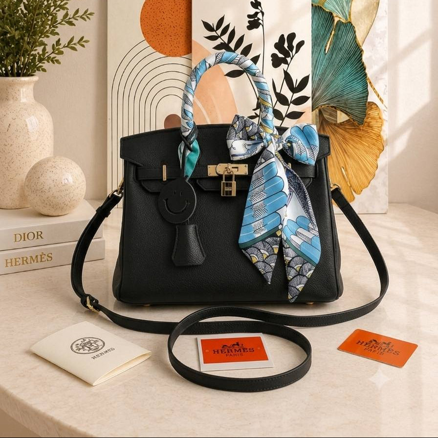 Classic Black Genuine Leather Handheld Tote