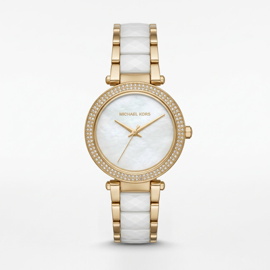 Michael Kors MK6400 Gold Tone and White Ceramic Crystal Watch