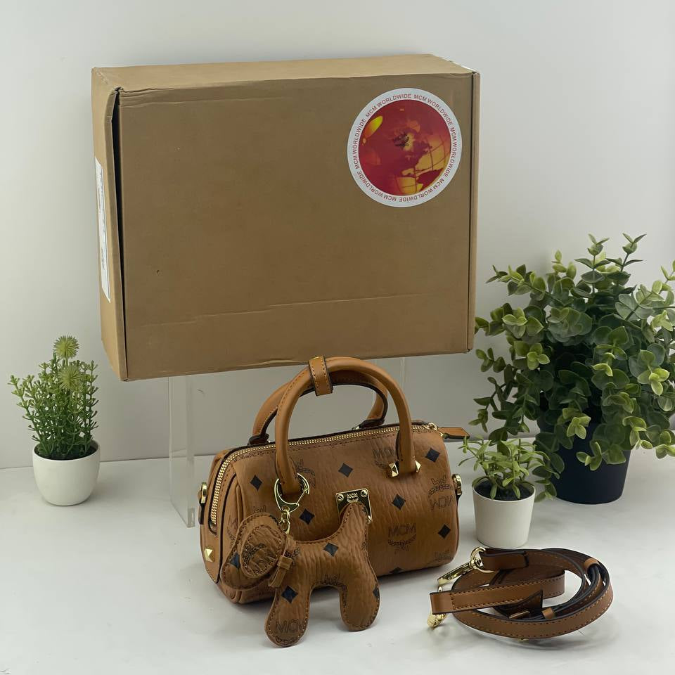 MCM Boston Monogram Mini Handbag with Dog Charm 👜🐕✨