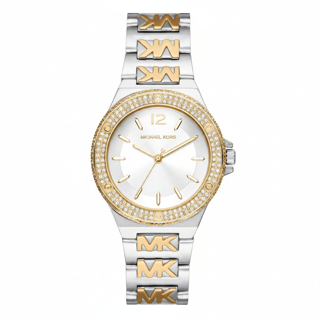 Michael Kors Two Tone Crystal Bezel Logo Bracelet Watch